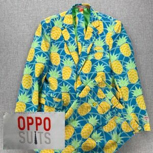 Oppo Suits Pineapple Print 3pc Suit Men 40 34x33 Blue Yellow Tropical Party Tie